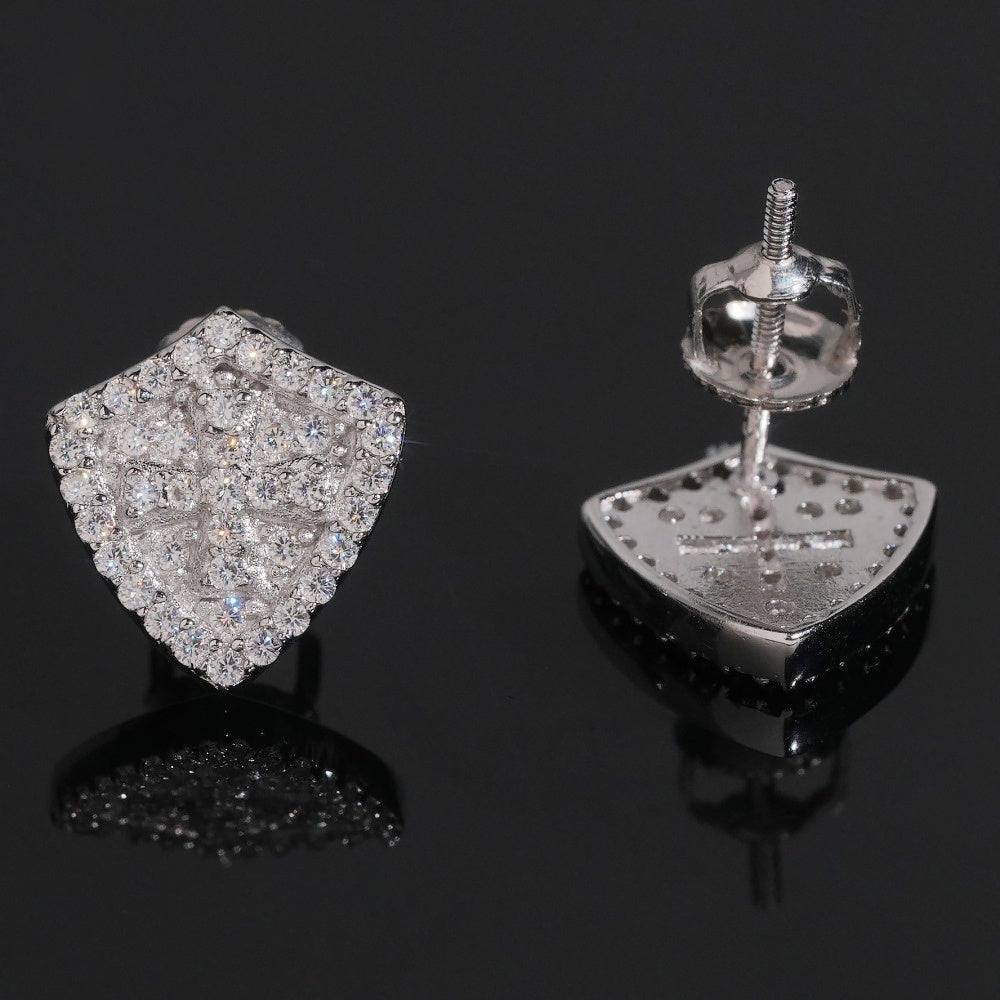 Iced Shield Stud Earrings Screw Back — Moissanite, 925 Silver