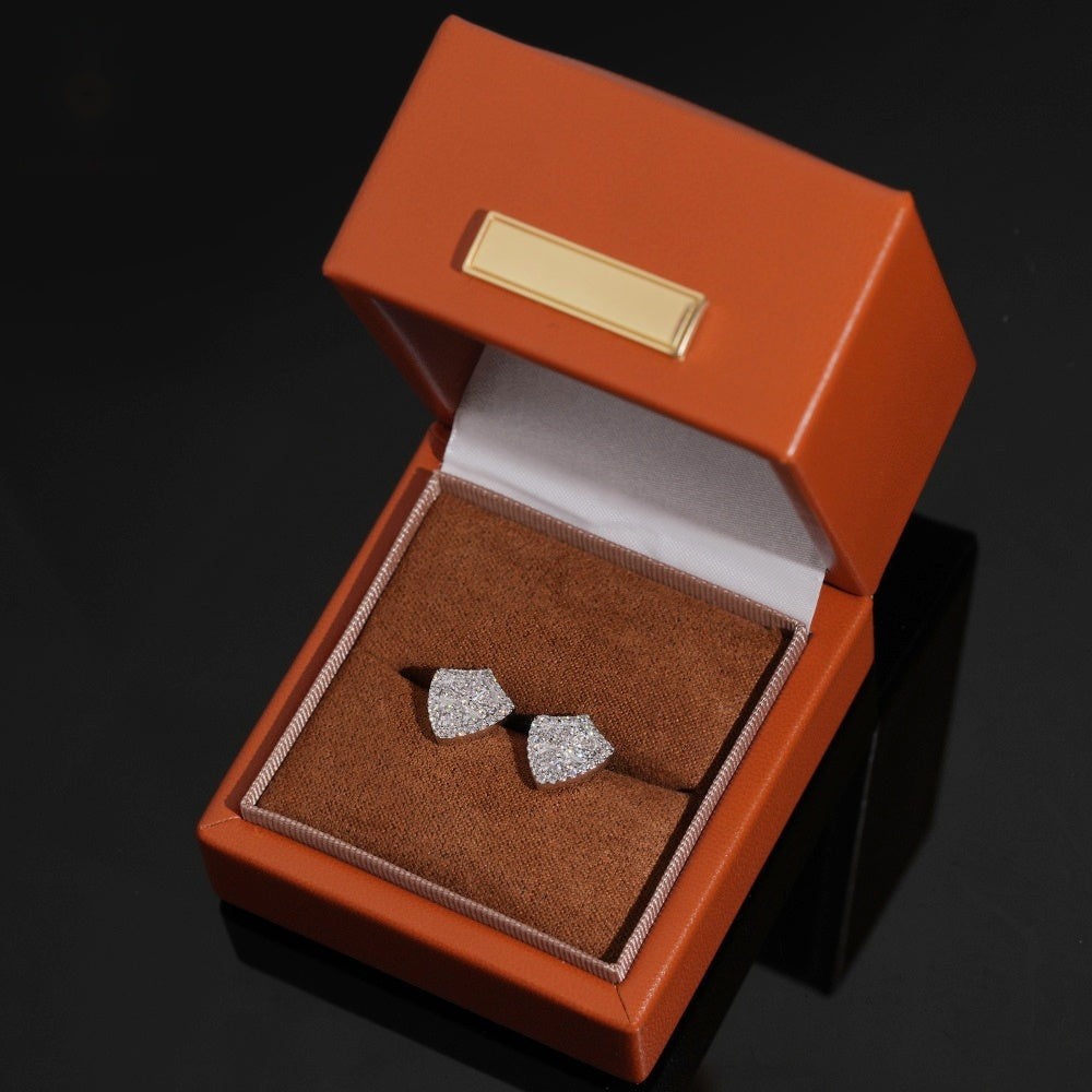 Iced Shield Stud Earrings Screw Back — Moissanite, 925 Silver
