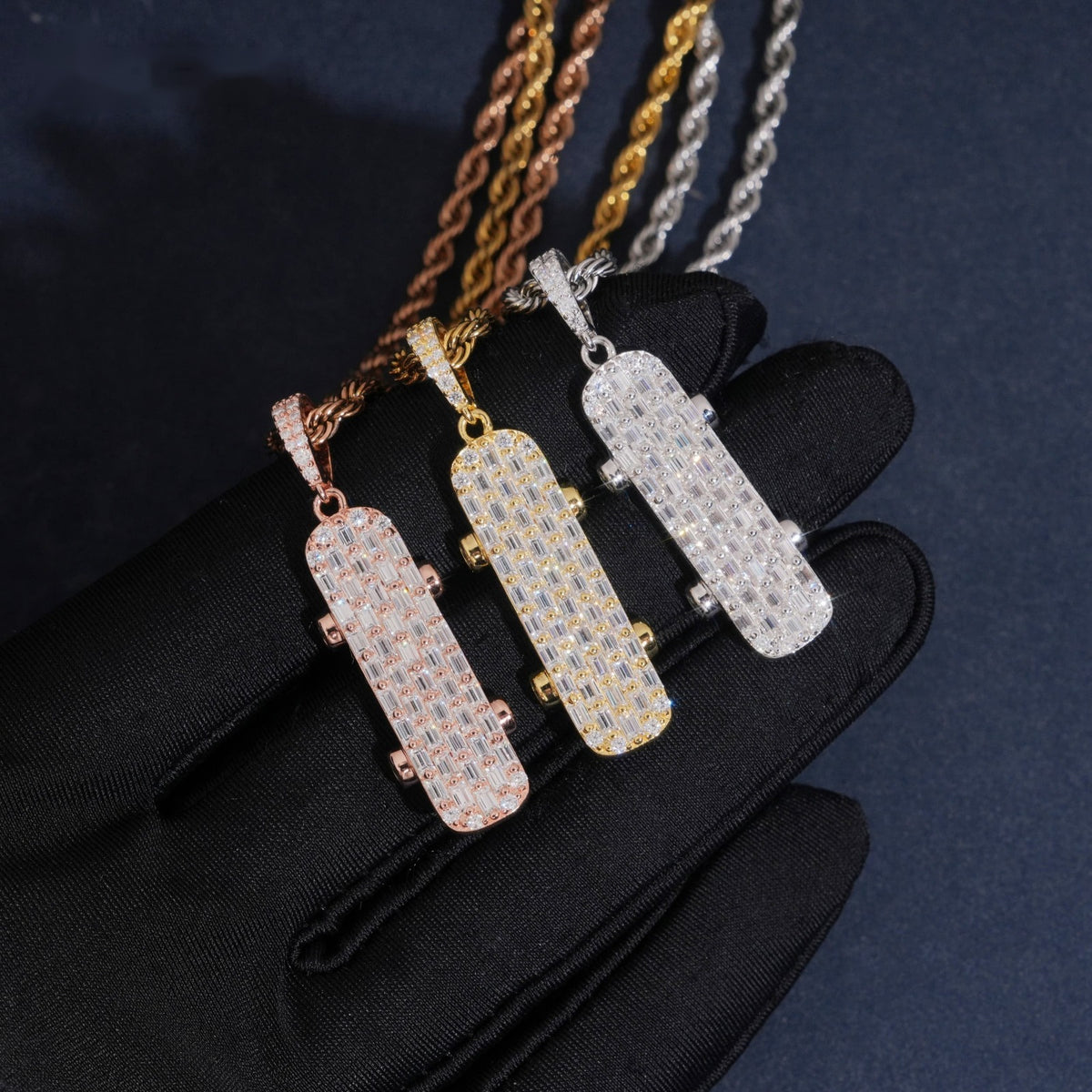 Iced Skateboard Pendant — Moissanite, 925 Silver
