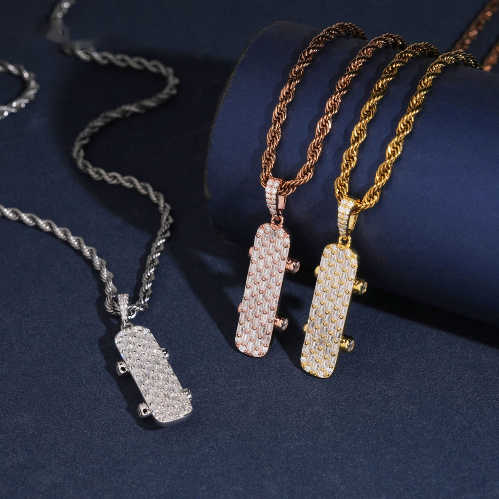 Iced Skateboard Pendant — Moissanite, 925 Silver