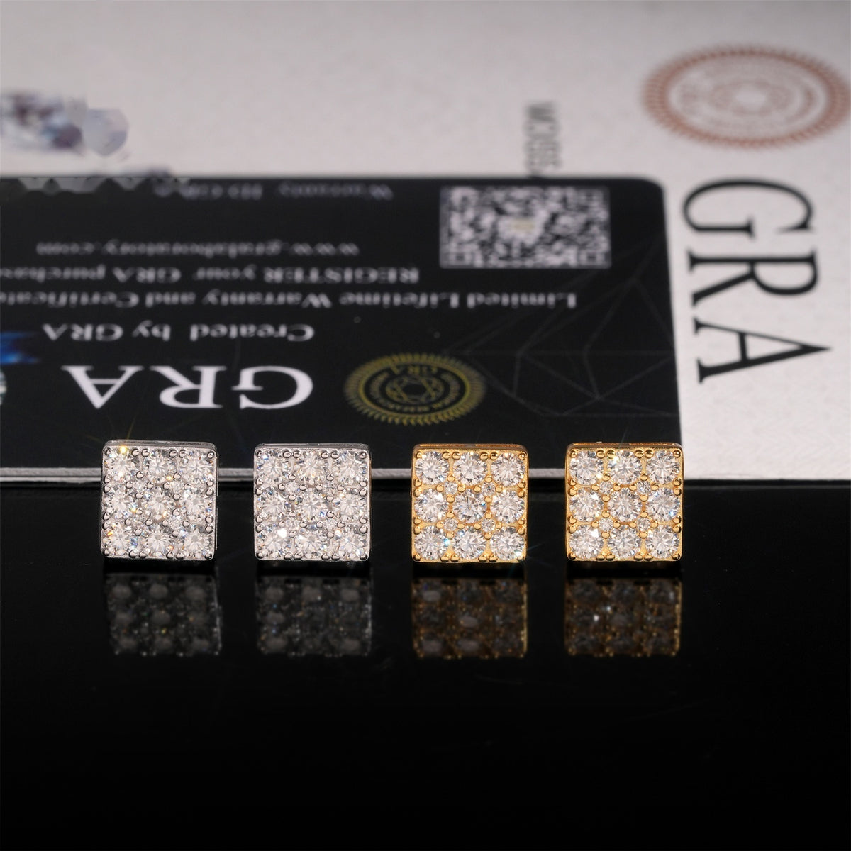 Iced Square Block Stud Earrings Screw Back — Moissanite, 925 Silver