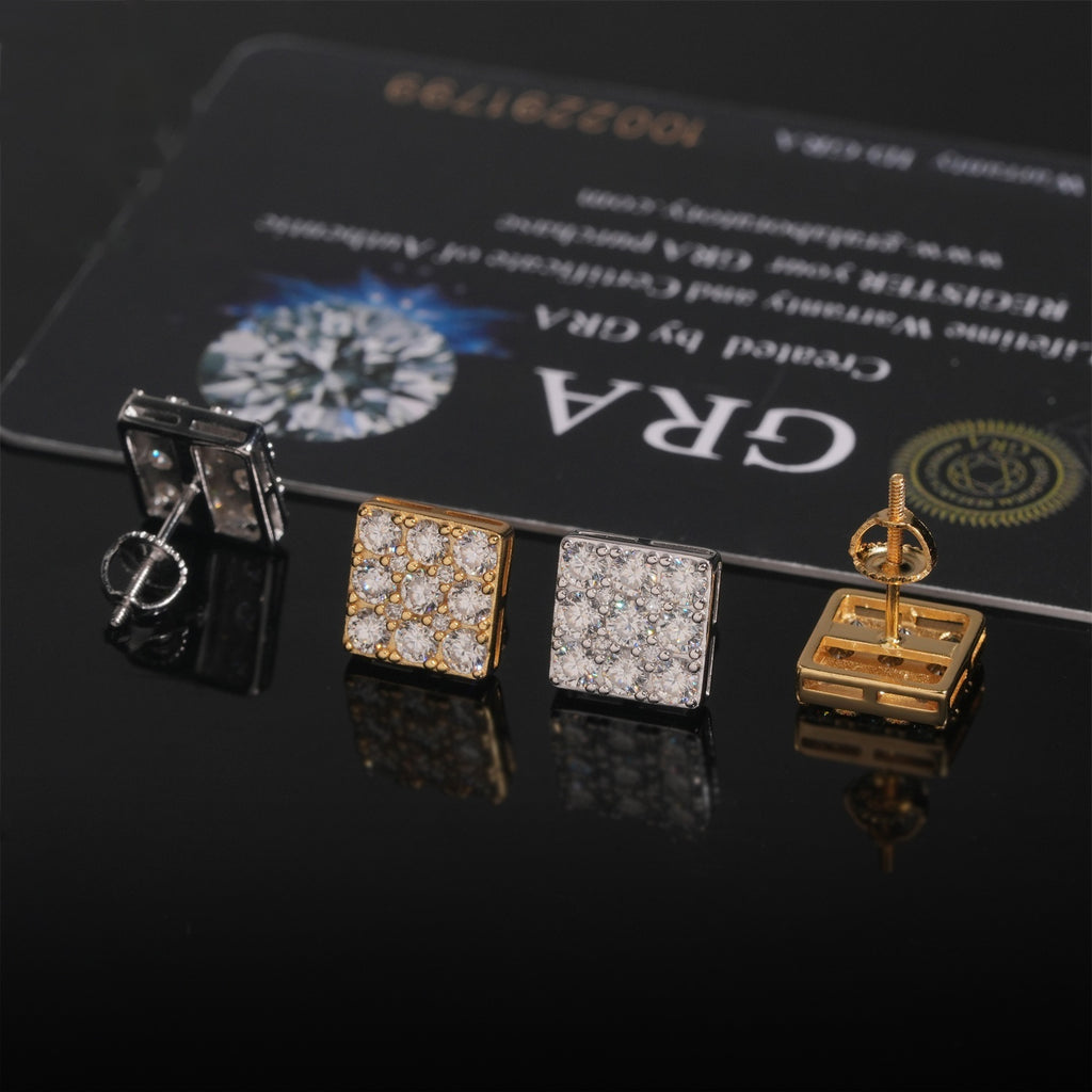 Iced Square Block Stud Earrings Screw Back — Moissanite, 925 Silver