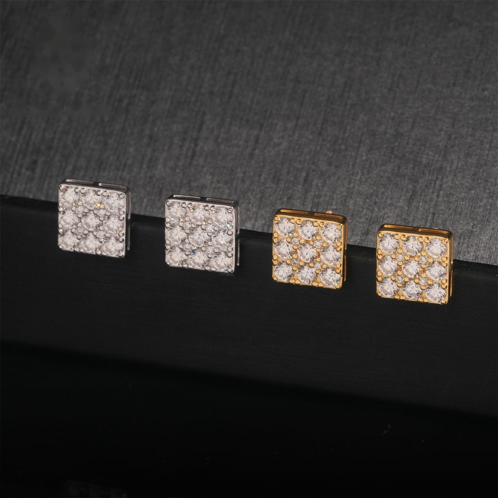 Iced Square Block Stud Earrings Screw Back — Moissanite, 925 Silver