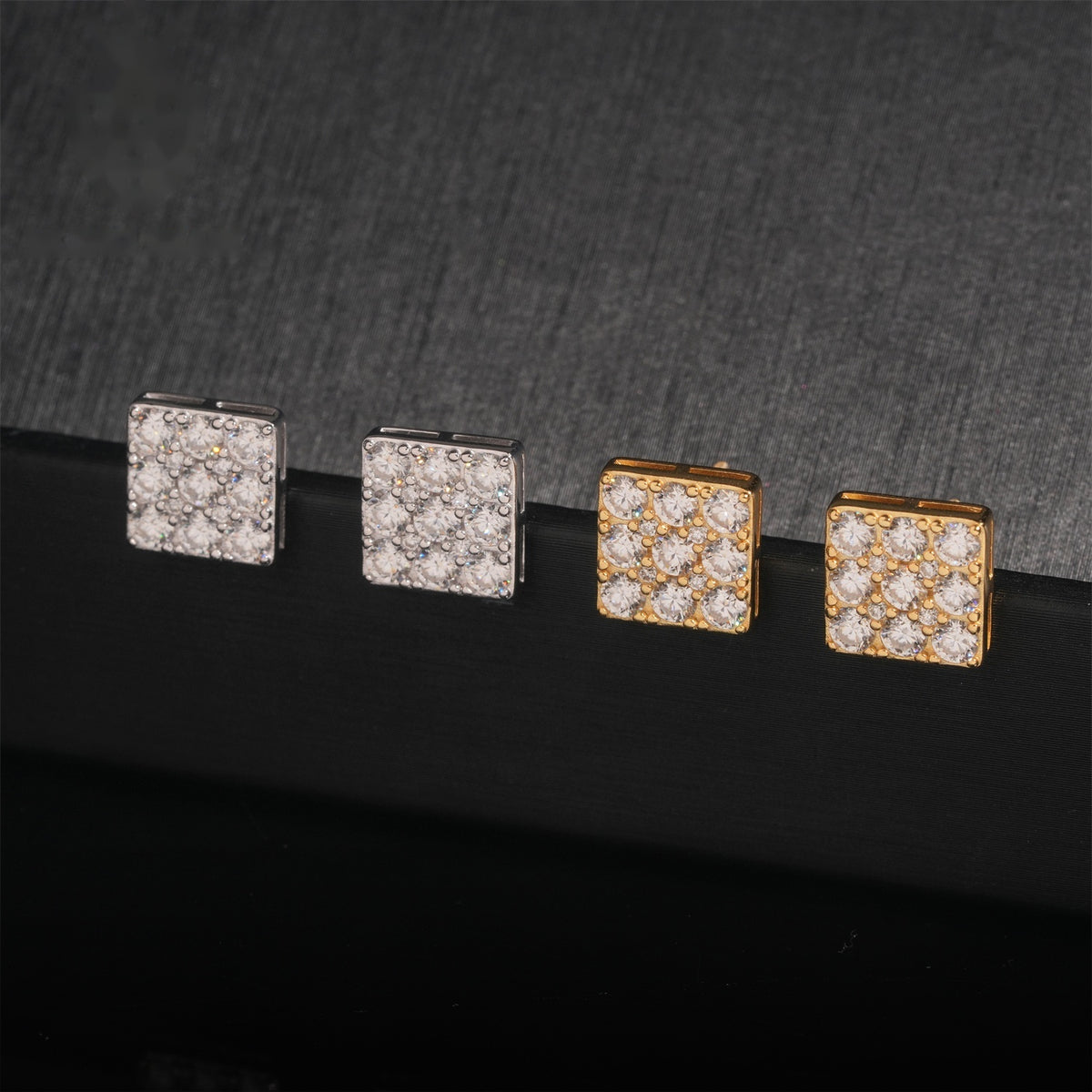 Iced Square Block Stud Earrings Screw Back — Moissanite, 925 Silver