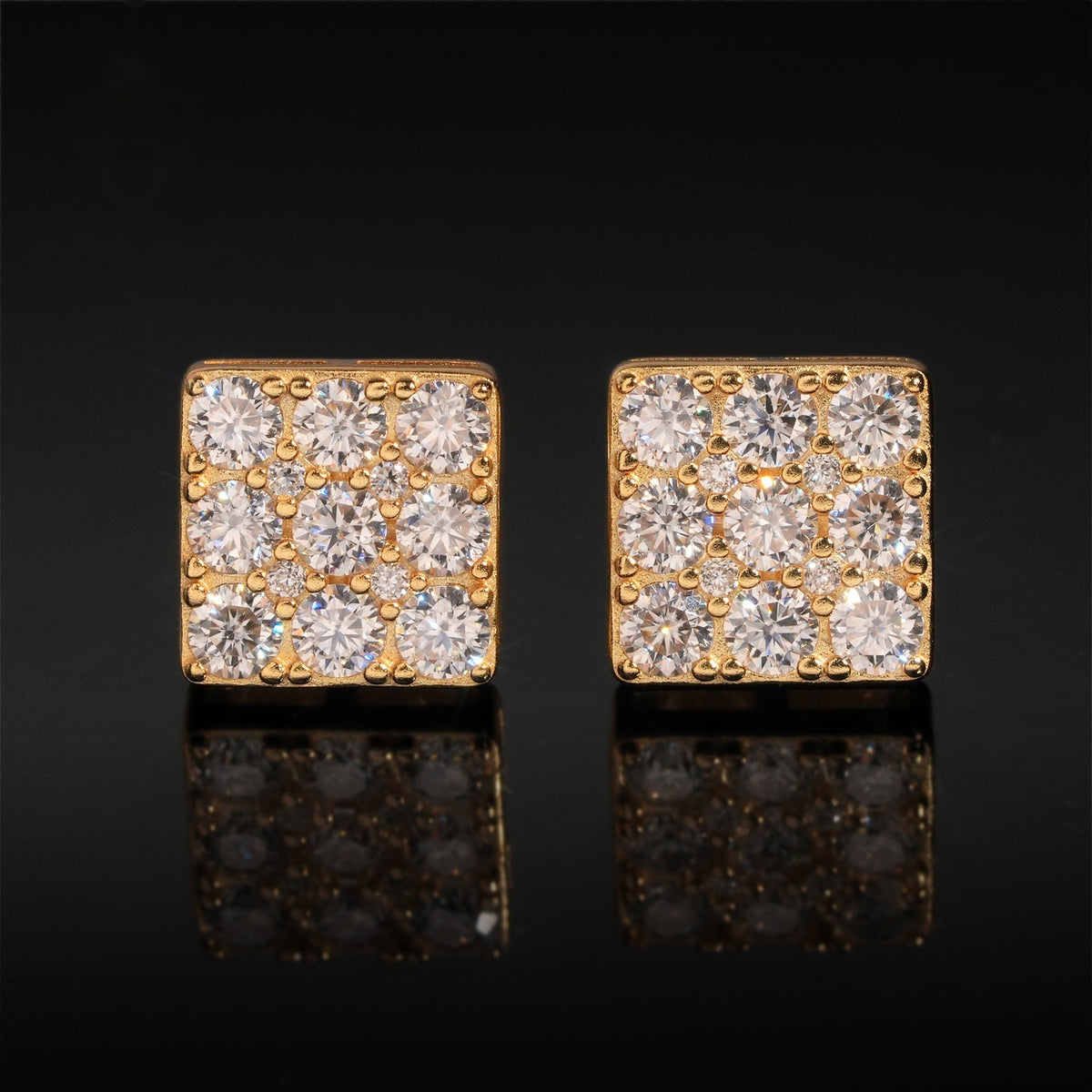 Iced Square Block Stud Earrings Screw Back — Moissanite, 925 Silver