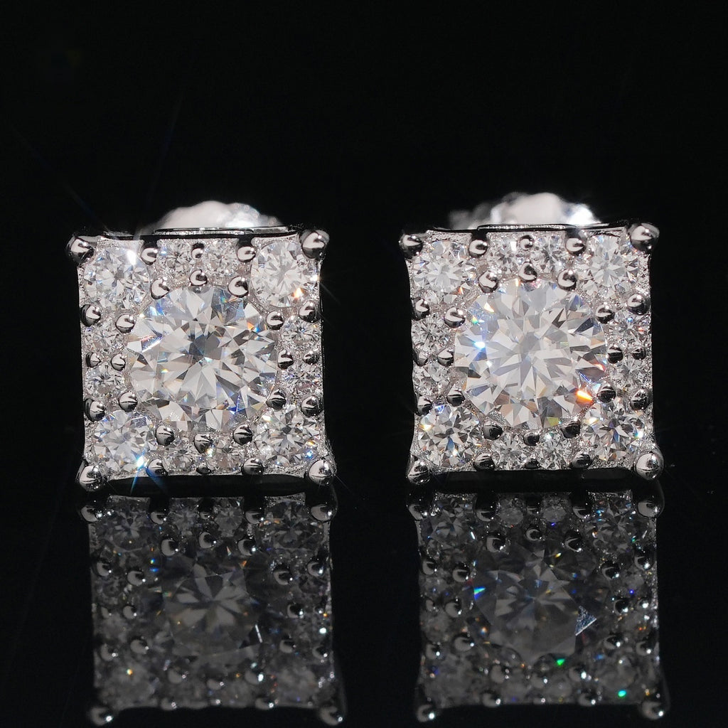 Iced Square Stud Earrings — Moissanite, 925 Silver
