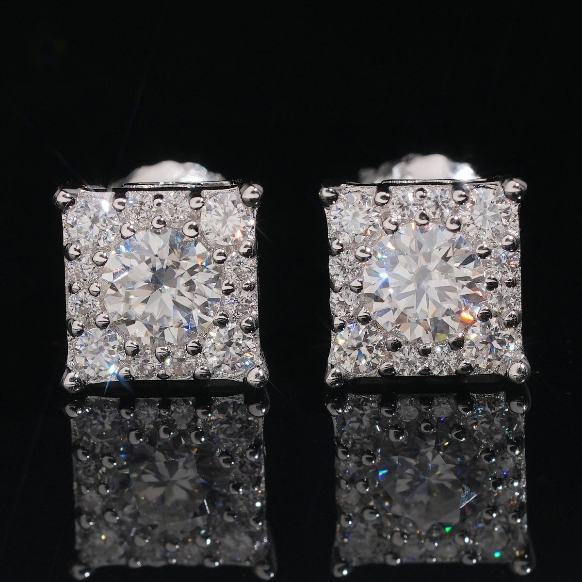 Iced Square Stud Earrings — Moissanite, 925 Silver