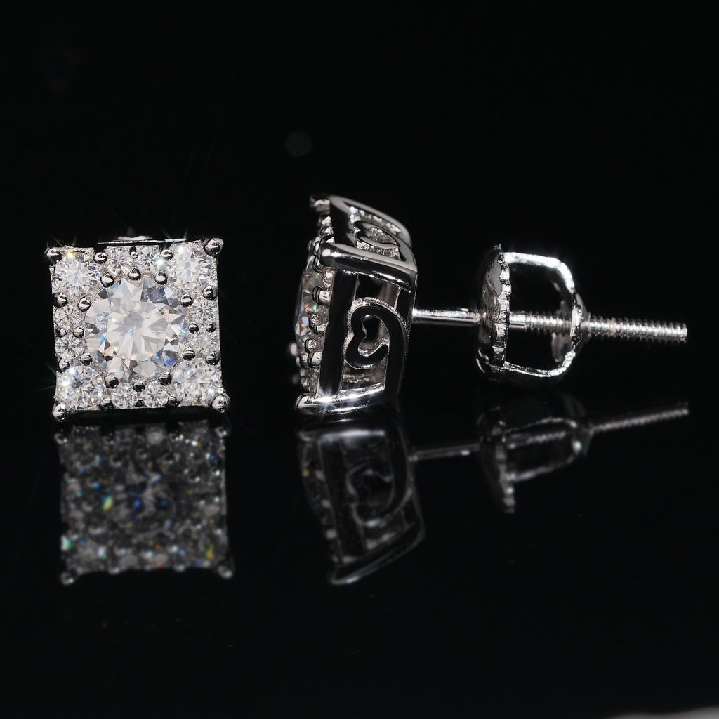 Iced Square Stud Earrings — Moissanite, 925 Silver