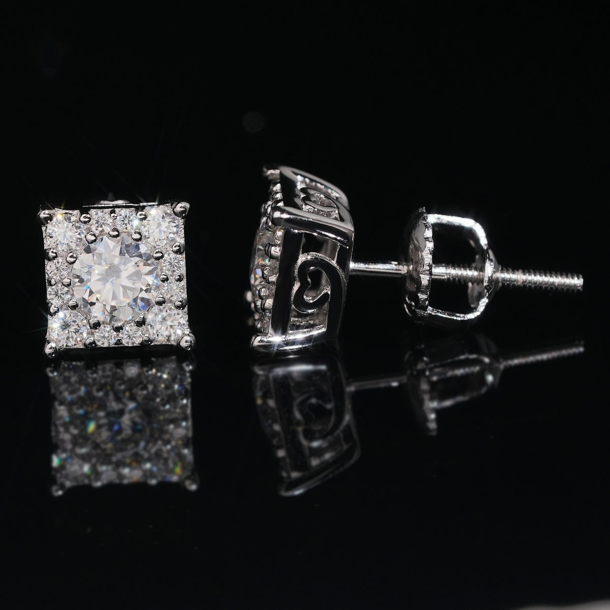 Iced Square Stud Earrings — Moissanite, 925 Silver