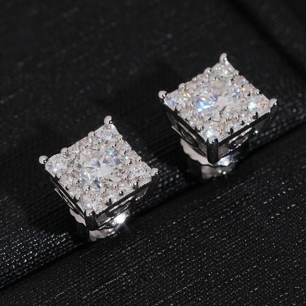 Iced Square Stud Earrings — Moissanite, 925 Silver