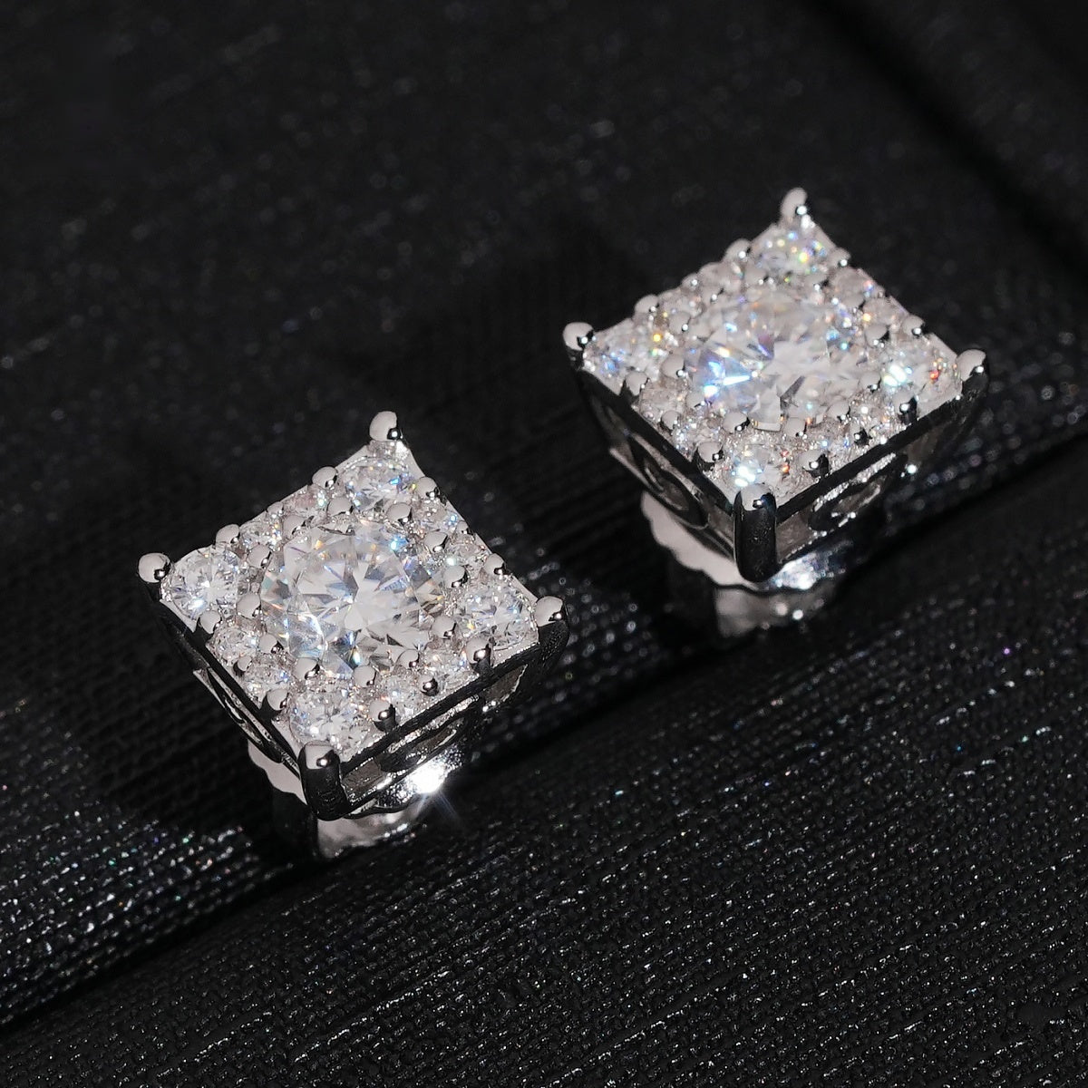 Iced Square Stud Earrings — Moissanite, 925 Silver