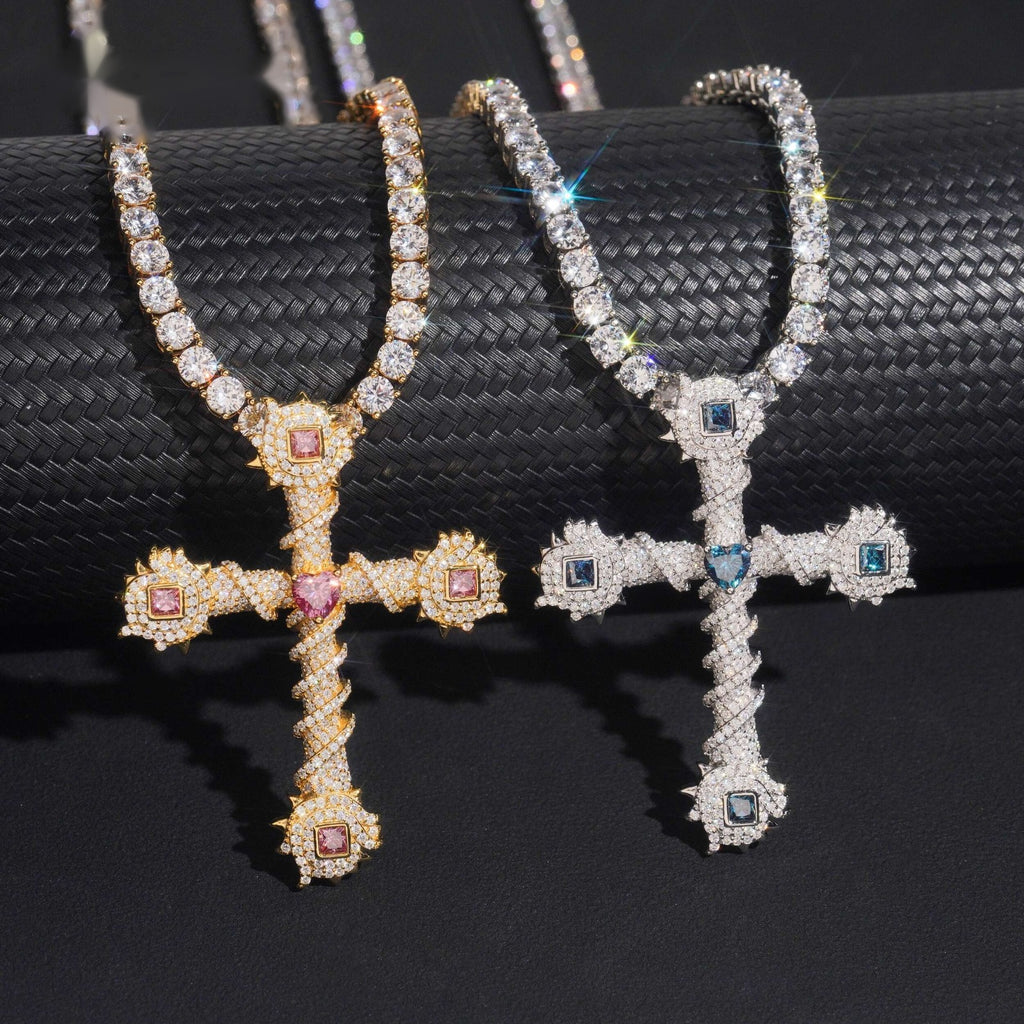 Iced Thorn Cross Pendant — Moissanite, 925 Silver