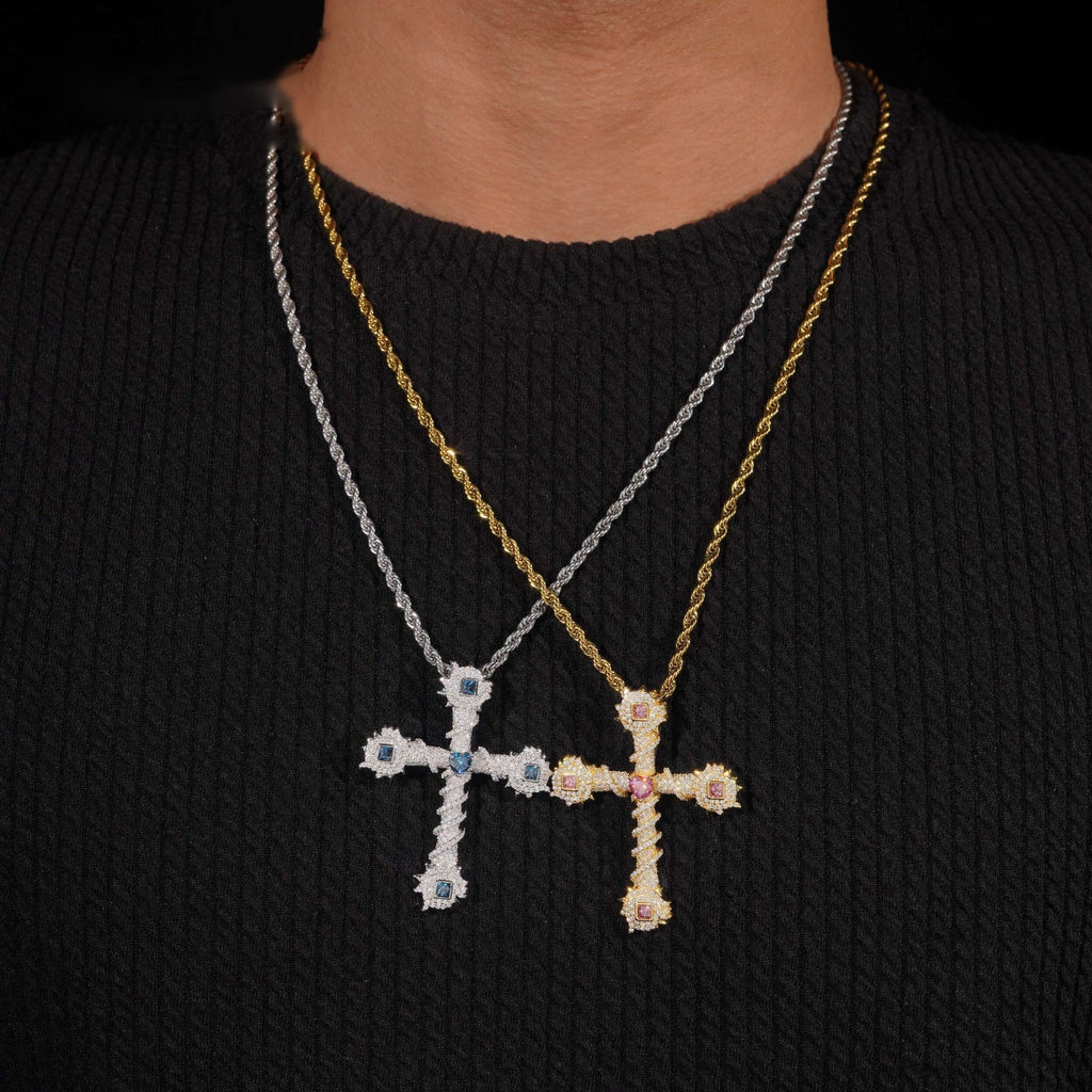 Iced Thorn Cross Pendant — Moissanite, 925 Silver
