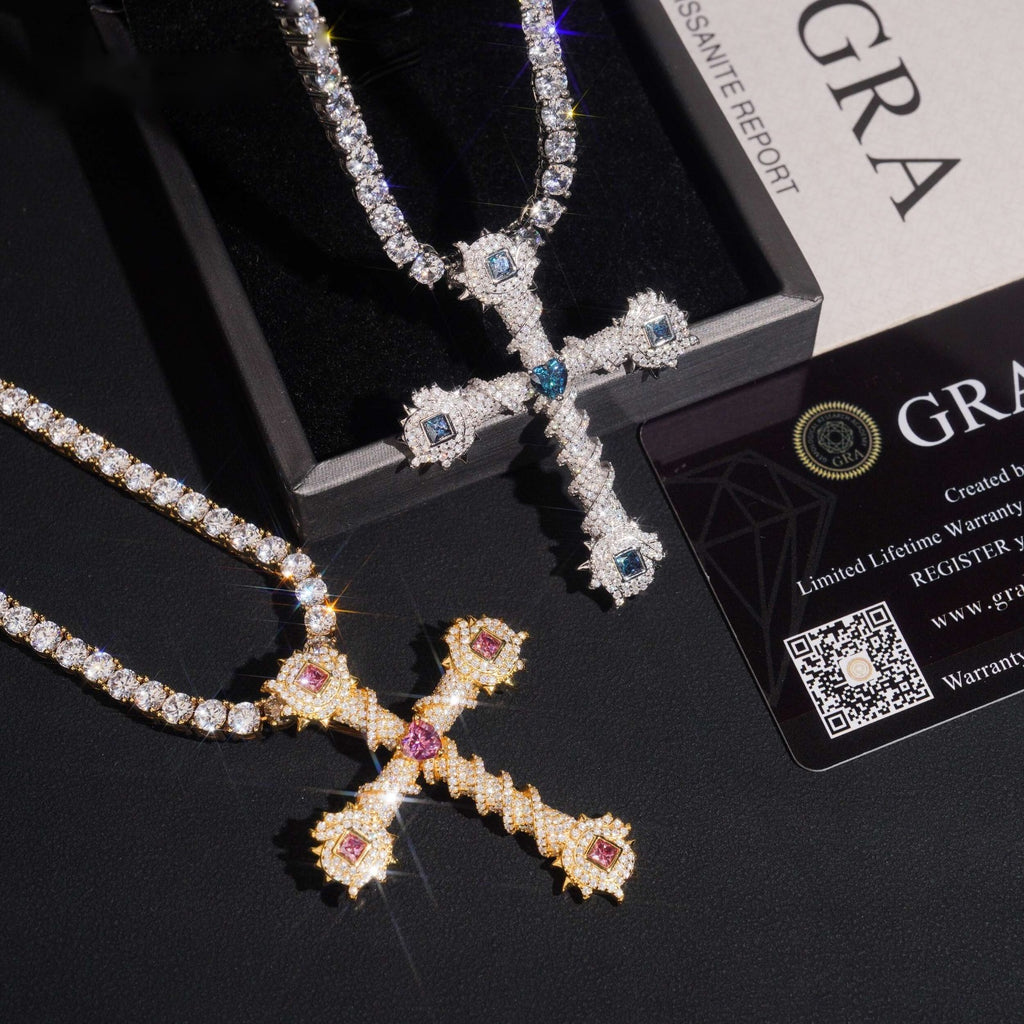 Iced Thorn Cross Pendant — Moissanite, 925 Silver