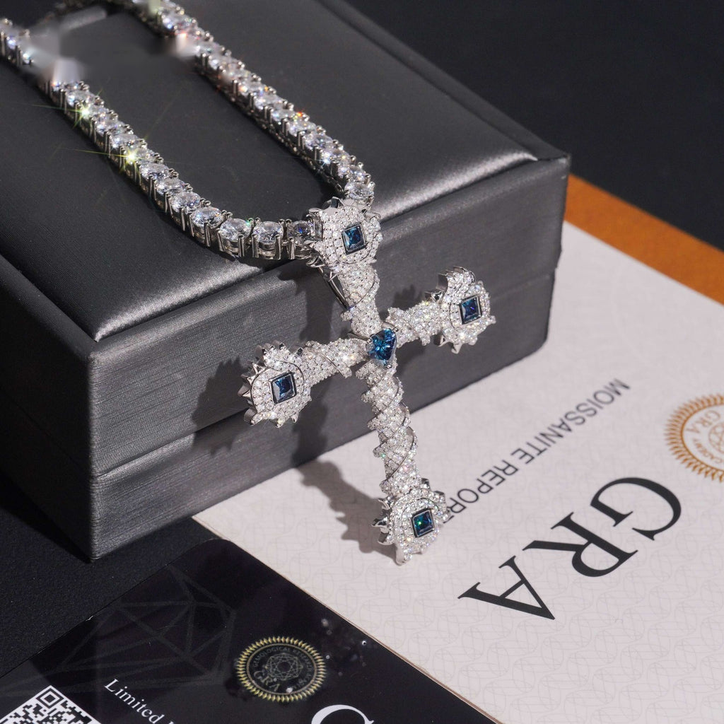 Iced Thorn Cross Pendant — Moissanite, 925 Silver
