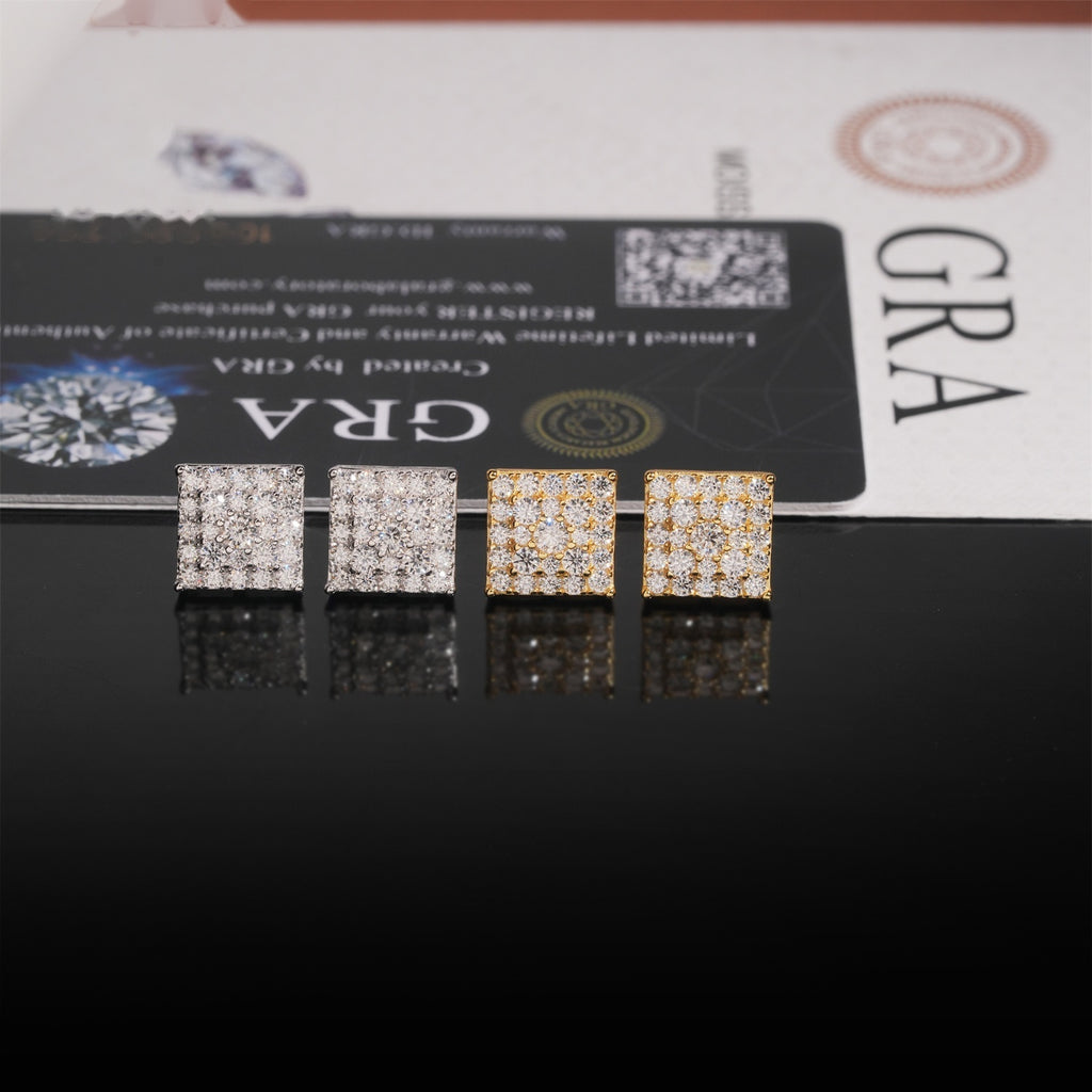Large Square Block Stud Earrings Screw Back — Moissanite, 925 Silver