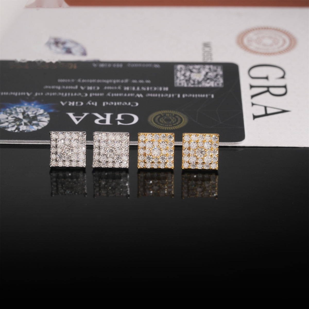 Large Square Block Stud Earrings Screw Back — Moissanite, 925 Silver
