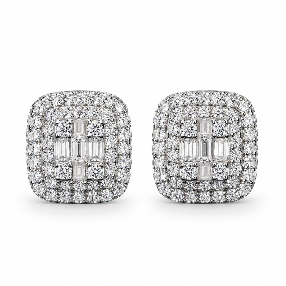 Men's Iced Square Stud Earrings — Moissanite, 925 Silver