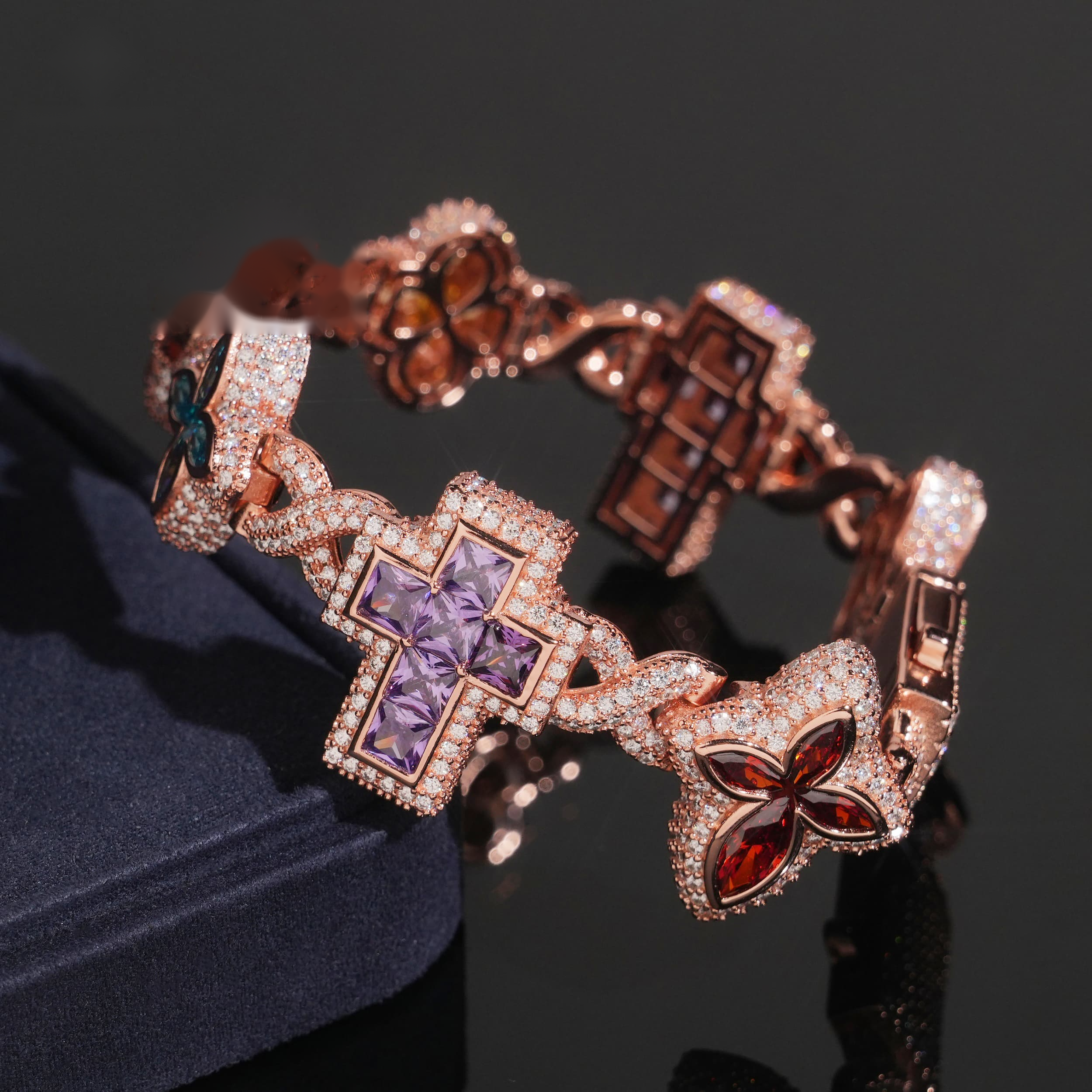 Multicolor Cross & Clover Bracelet – Moissanite & 925 Silver