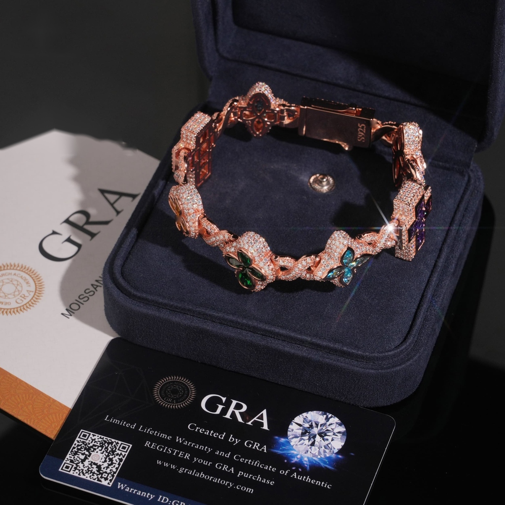 Multicolor Cross & Clover Bracelet – Moissanite & 925 Silver