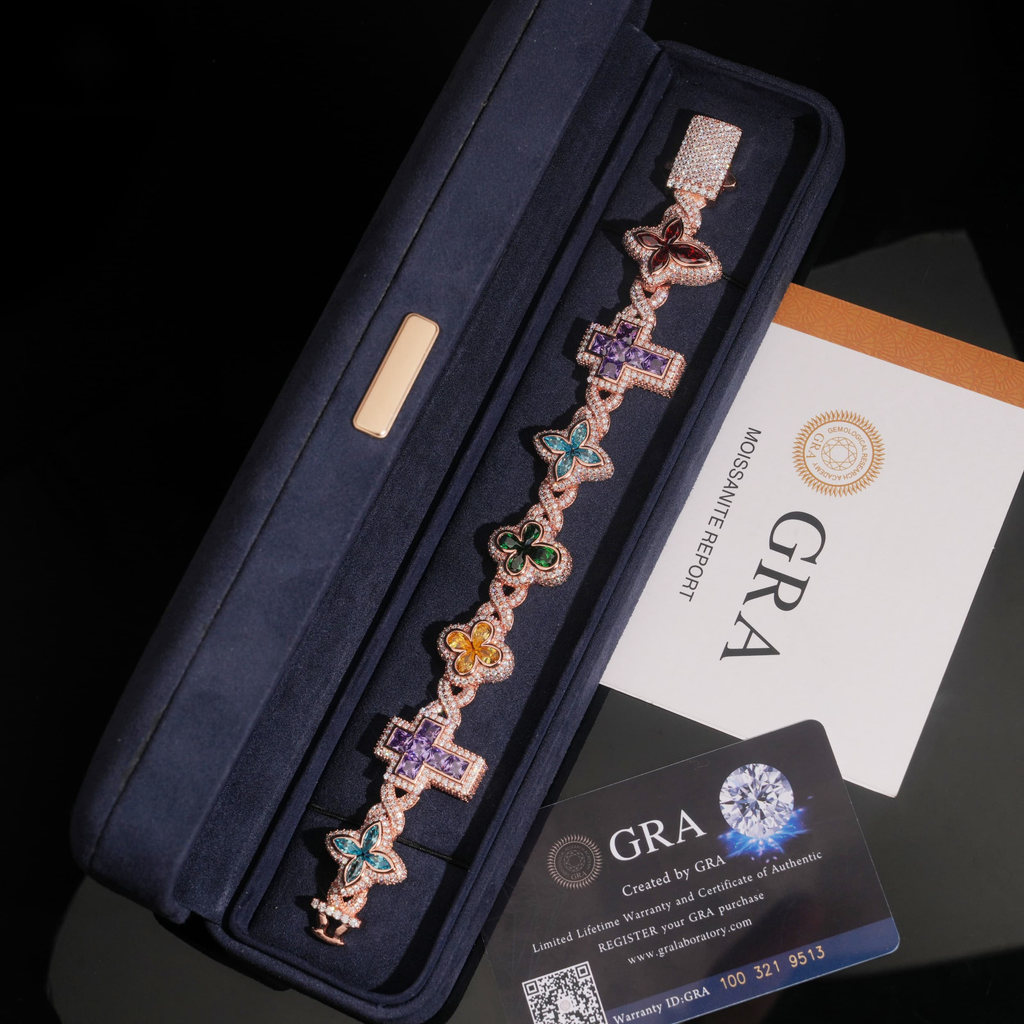 Multicolor Cross & Clover Bracelet – Moissanite & 925 Silver