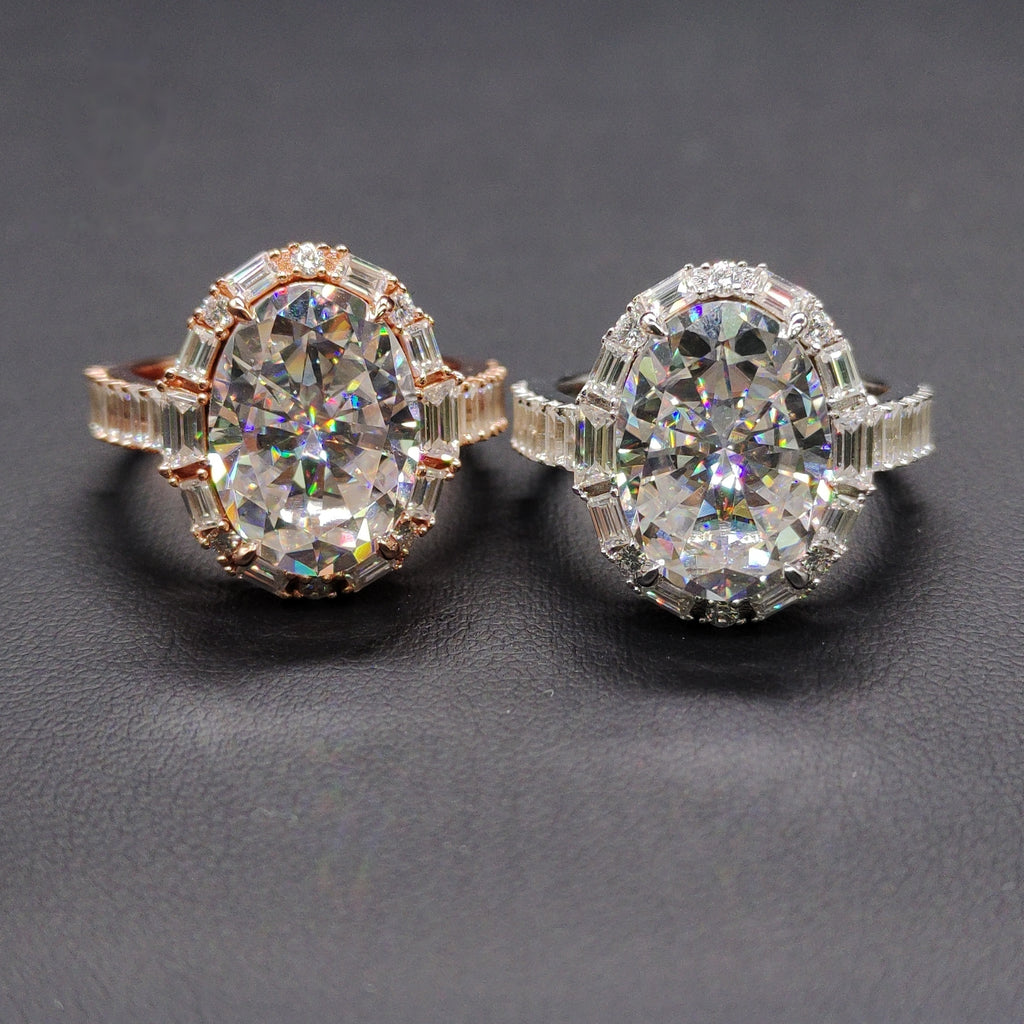 Oval Baguette Halo Ring — Moissanite, 925 Silver
