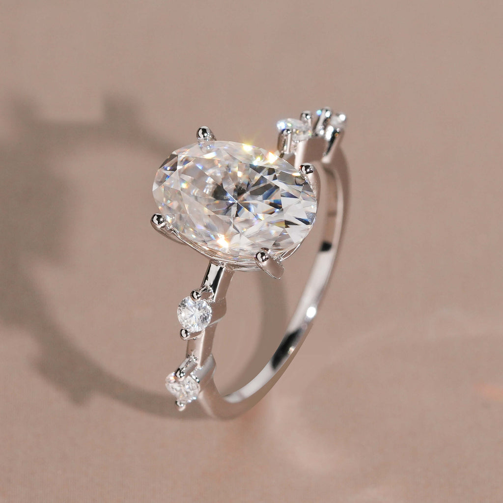 Oval Solitaire Station Ring — Moissanite, 925 Silver