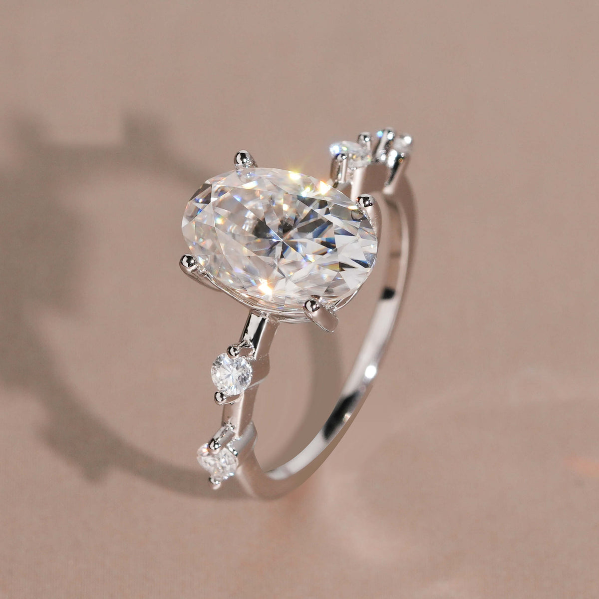 Oval Solitaire Station Ring — Moissanite, 925 Silver