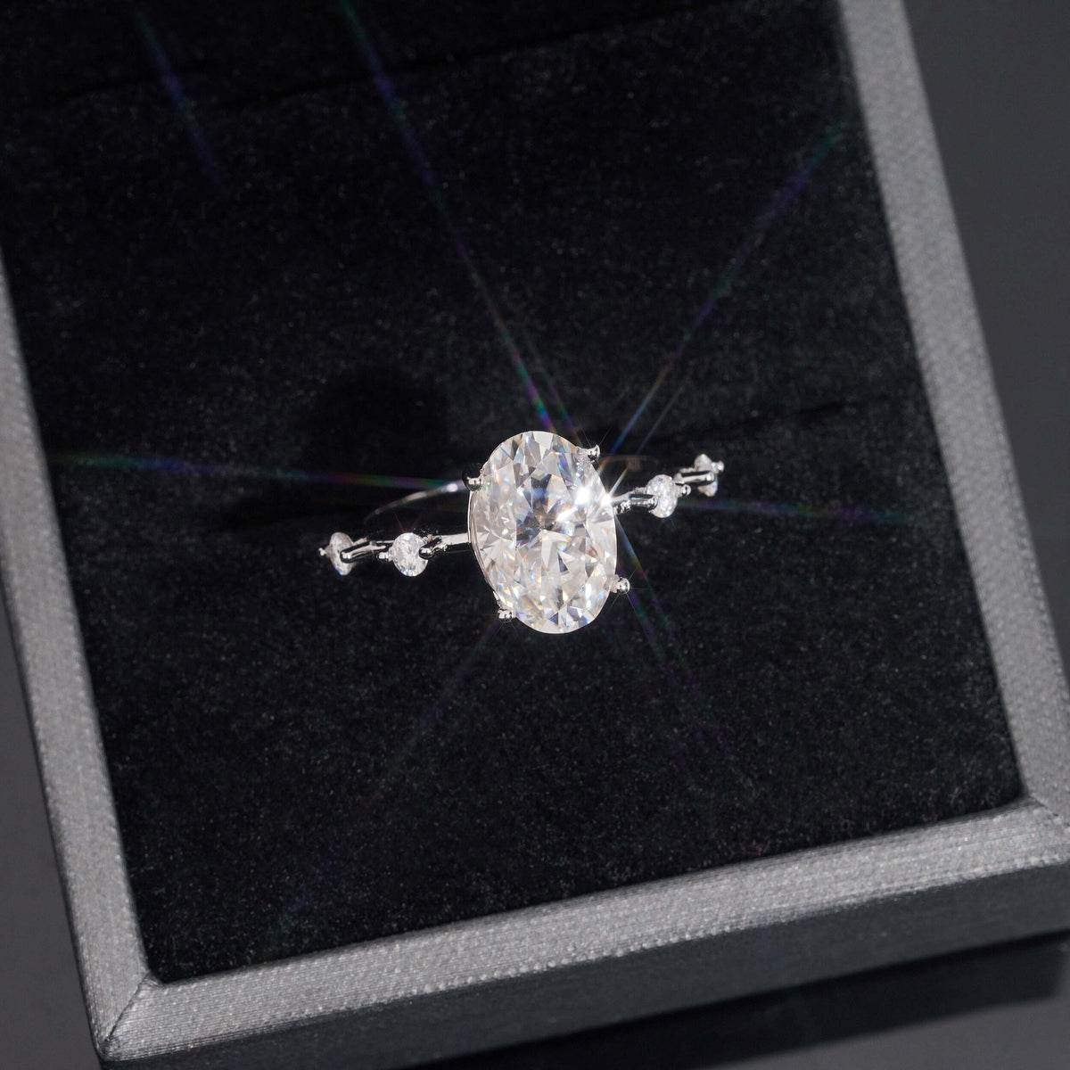 Oval Solitaire Station Ring — Moissanite, 925 Silver