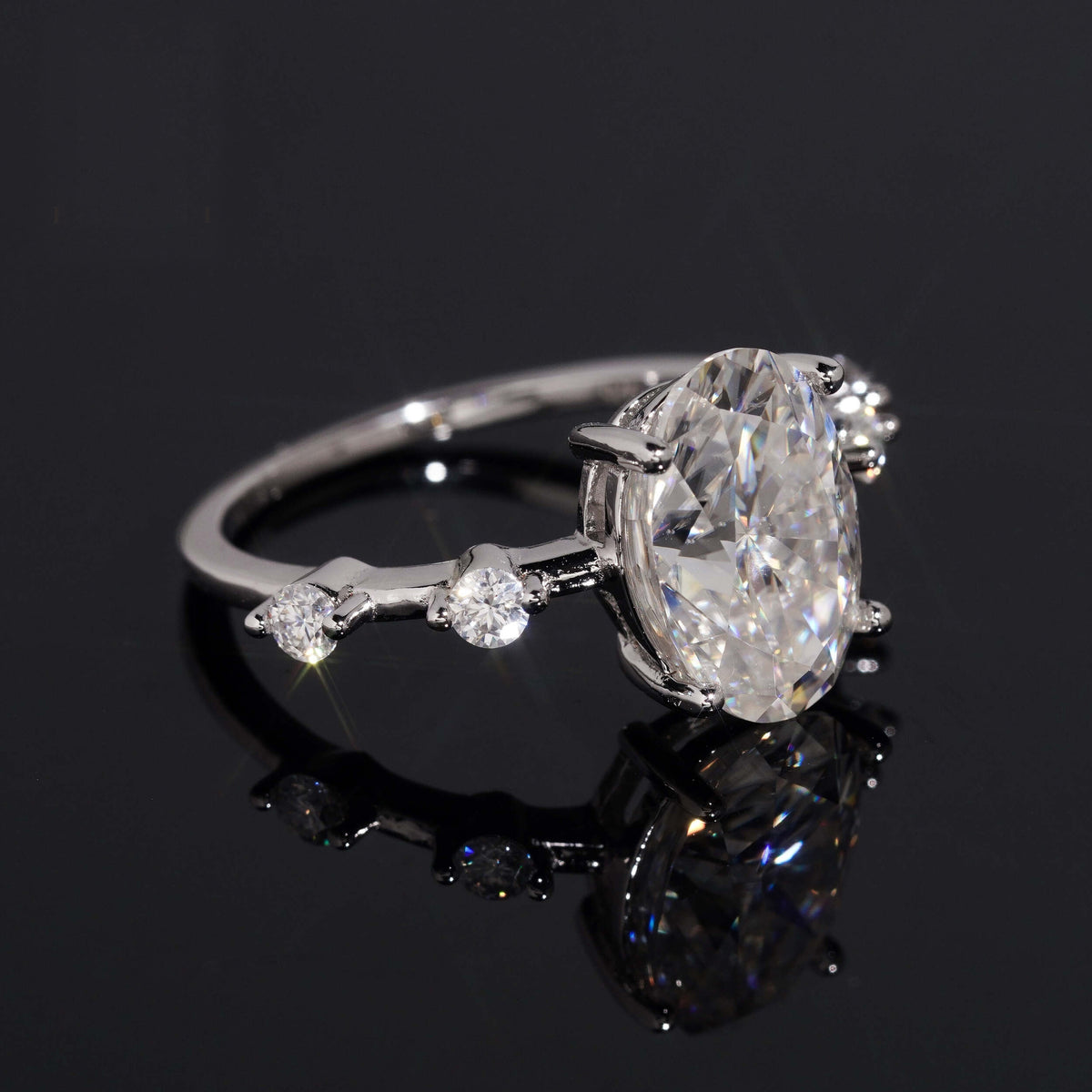 Oval Solitaire Station Ring — Moissanite, 925 Silver
