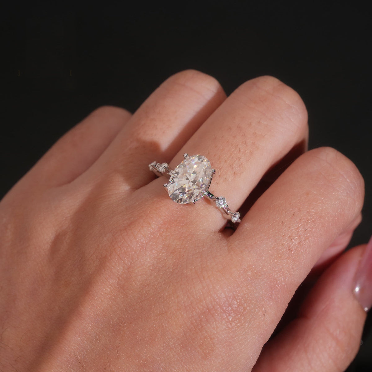 Oval Solitaire Station Ring — Moissanite, 925 Silver