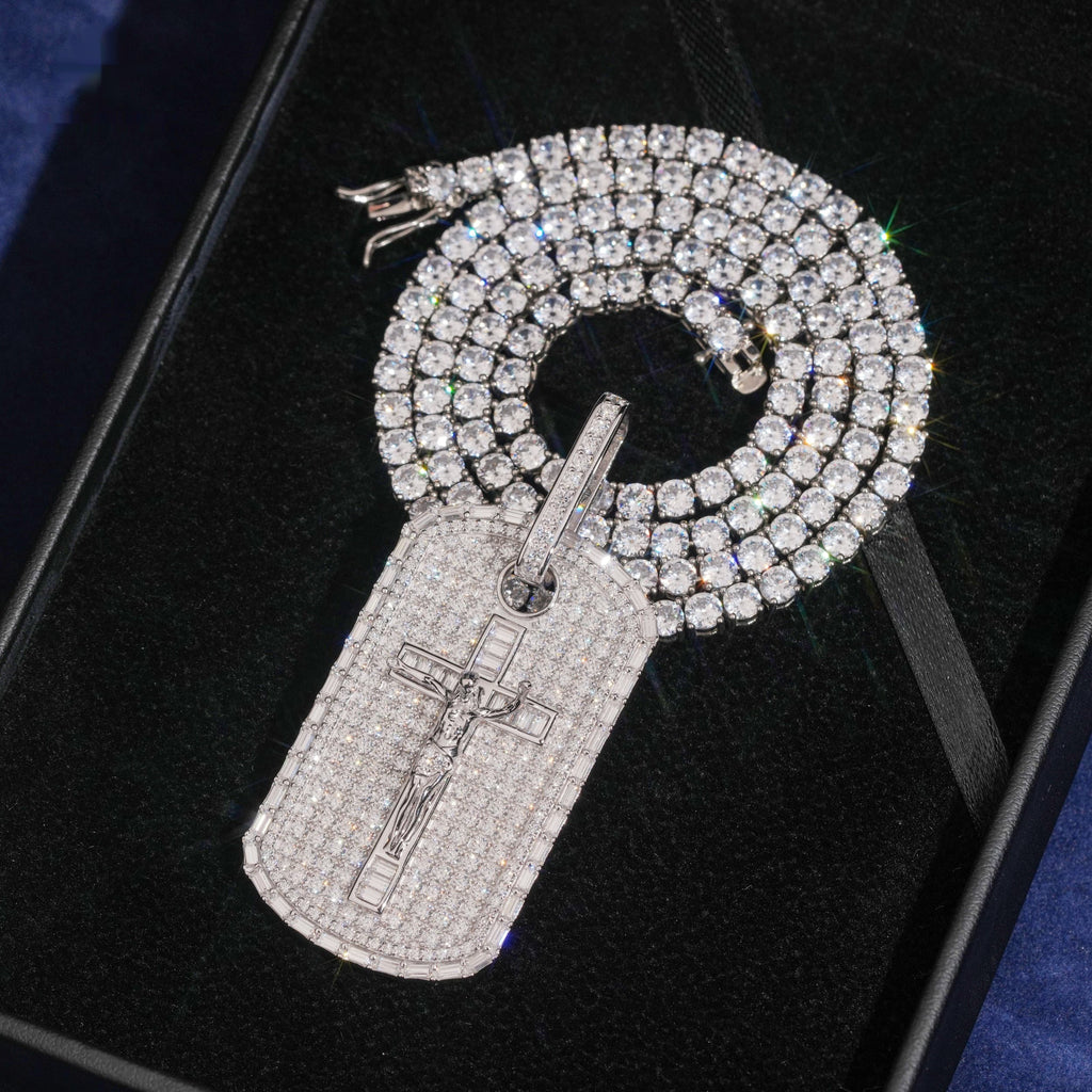 Crucifix Tag Pendant — Moissanite, 925 Silver