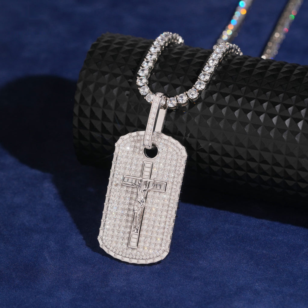 Crucifix Tag Pendant — Moissanite, 925 Silver