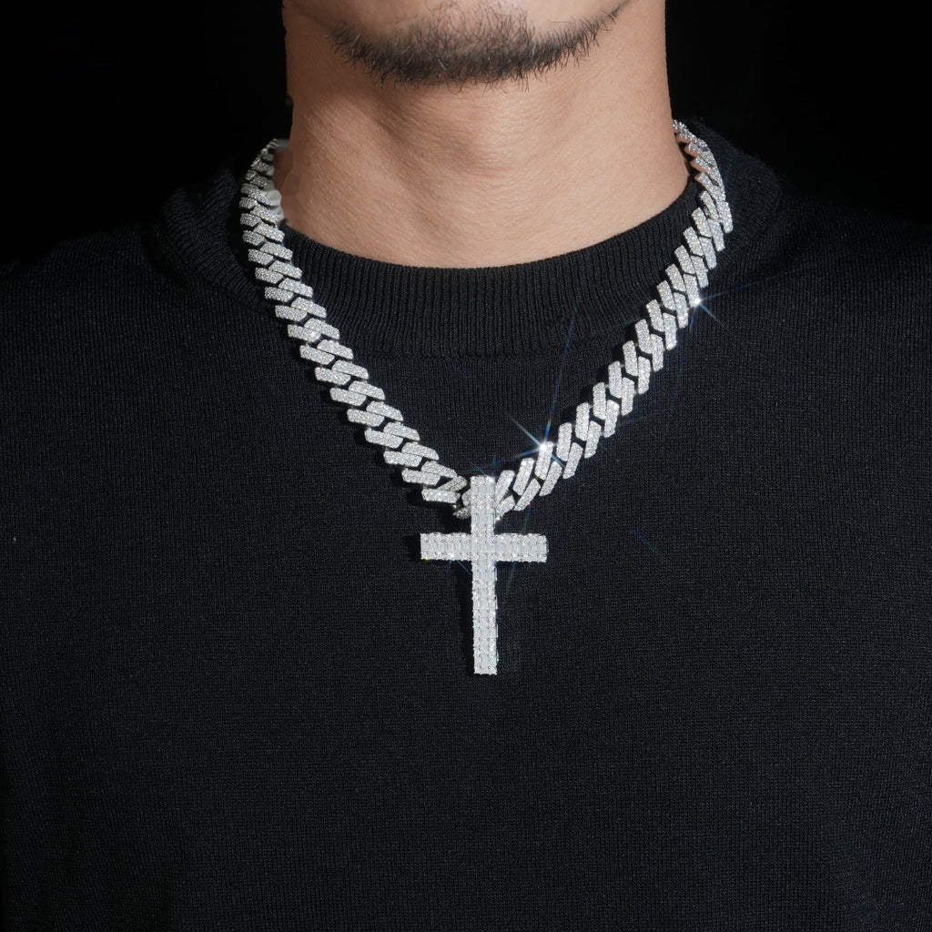 Halo Baguette Cross Pendant — Moissanite, 925 Silver