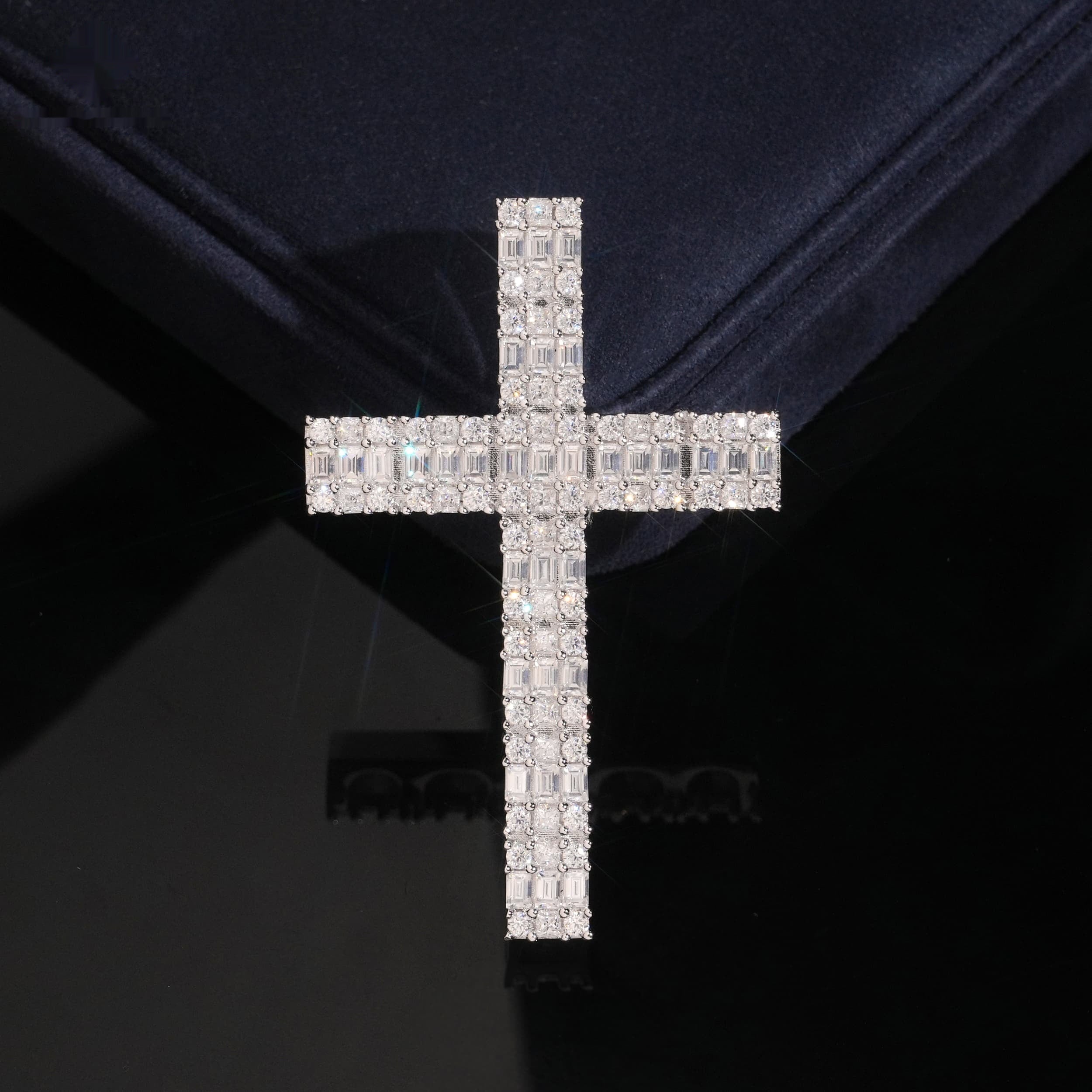 Halo Baguette Cross Pendant — Moissanite, 925 Silver