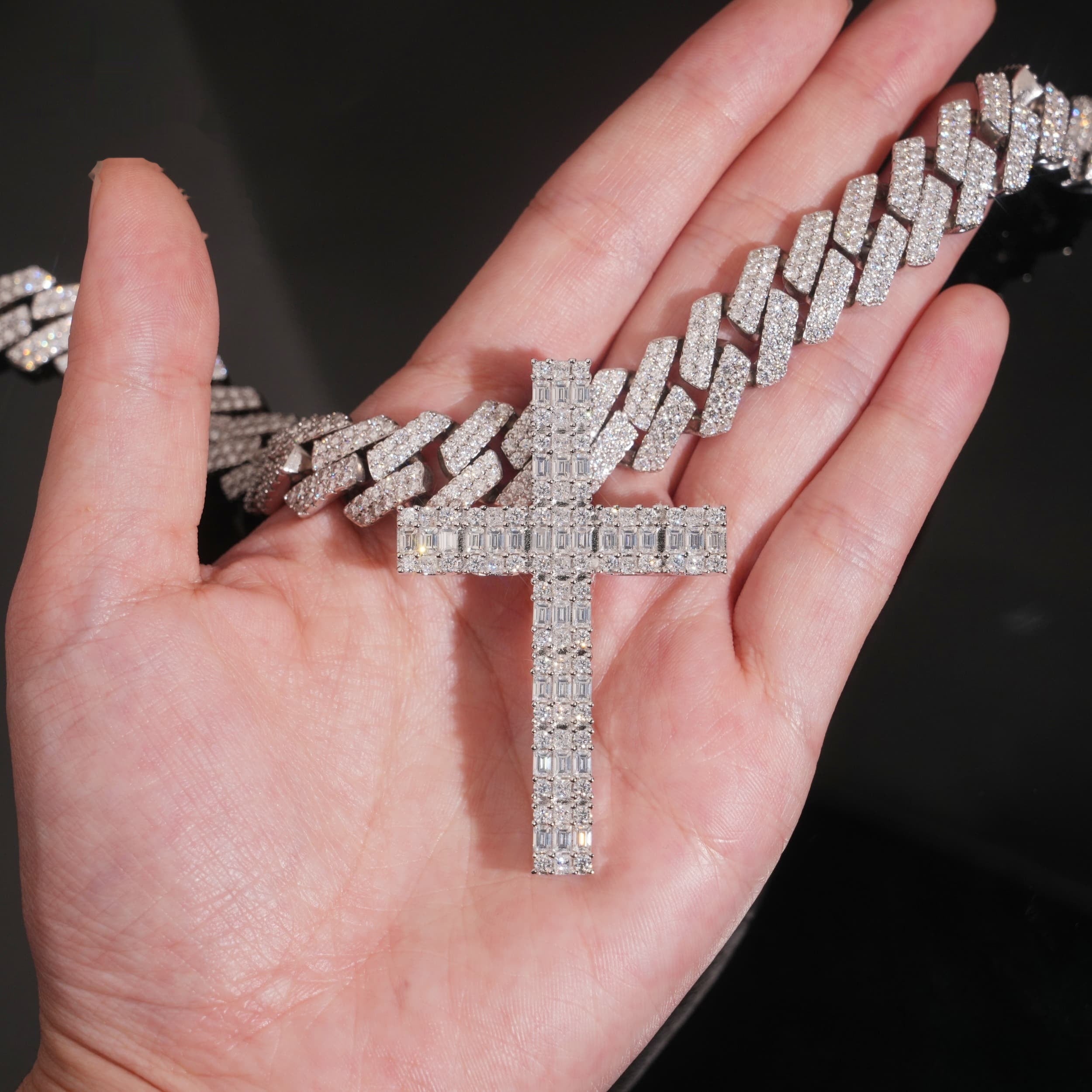 Halo Baguette Cross Pendant — Moissanite, 925 Silver