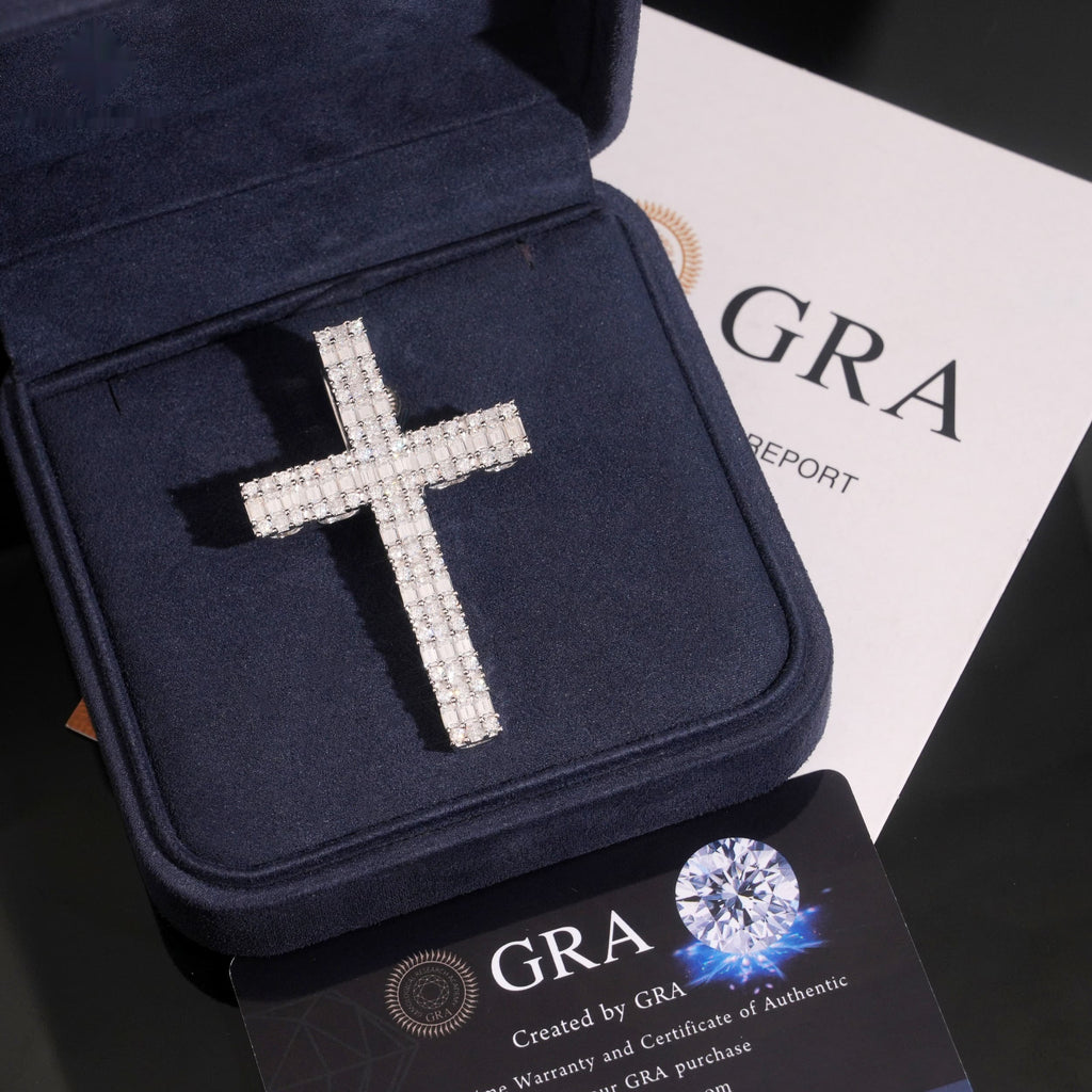 Halo Baguette Cross Pendant — Moissanite, 925 Silver