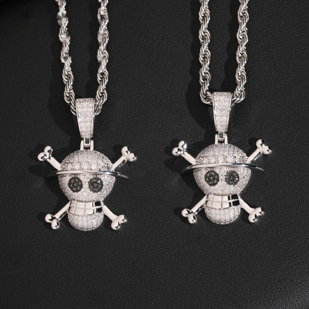 Straw Hat Skull Pendant — Moissanite, 925 Silver