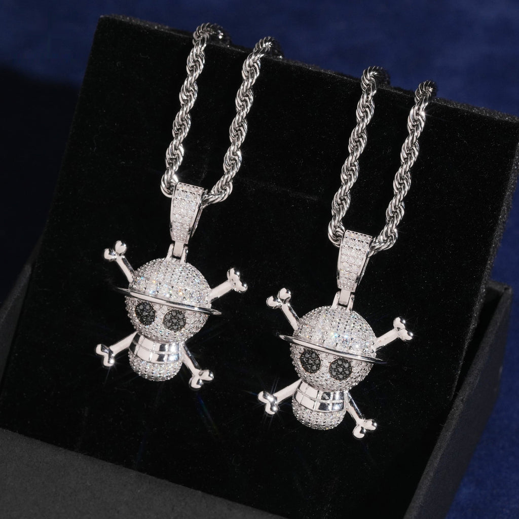 Straw Hat Skull Pendant — Moissanite, 925 Silver