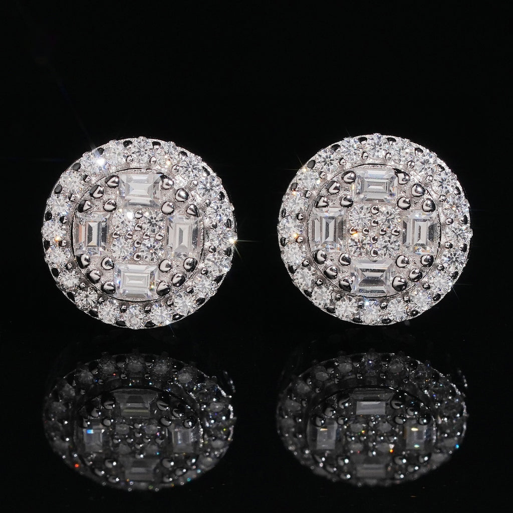 Round Baguette Halo Stud Earrings Screw Back — Moissanite, 925 Silver