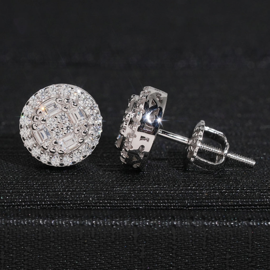 Round Baguette Halo Stud Earrings Screw Back — Moissanite, 925 Silver