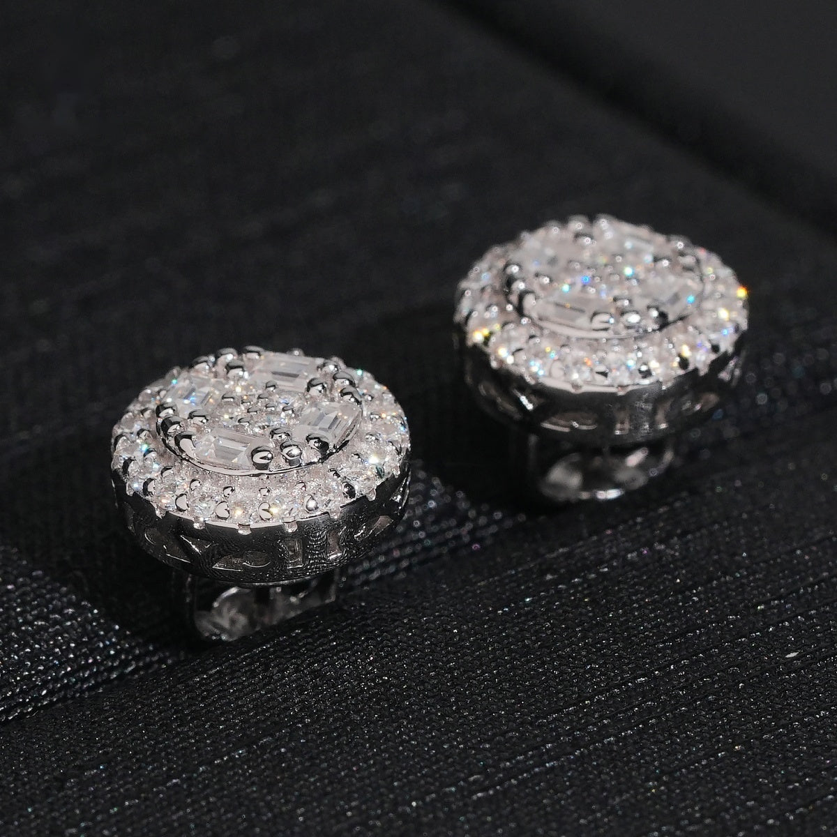 Round Baguette Halo Stud Earrings Screw Back — Moissanite, 925 Silver