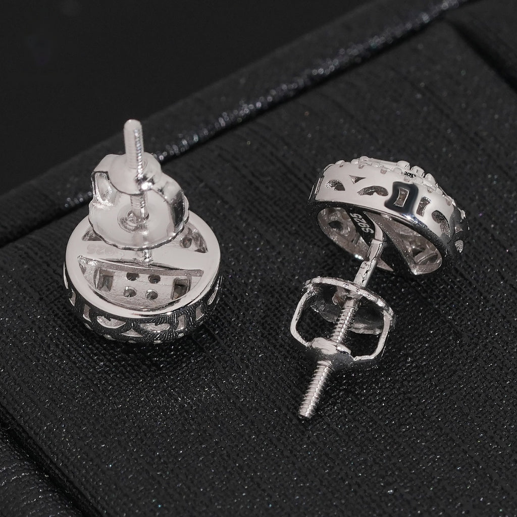 Round Baguette Halo Stud Earrings Screw Back — Moissanite, 925 Silver