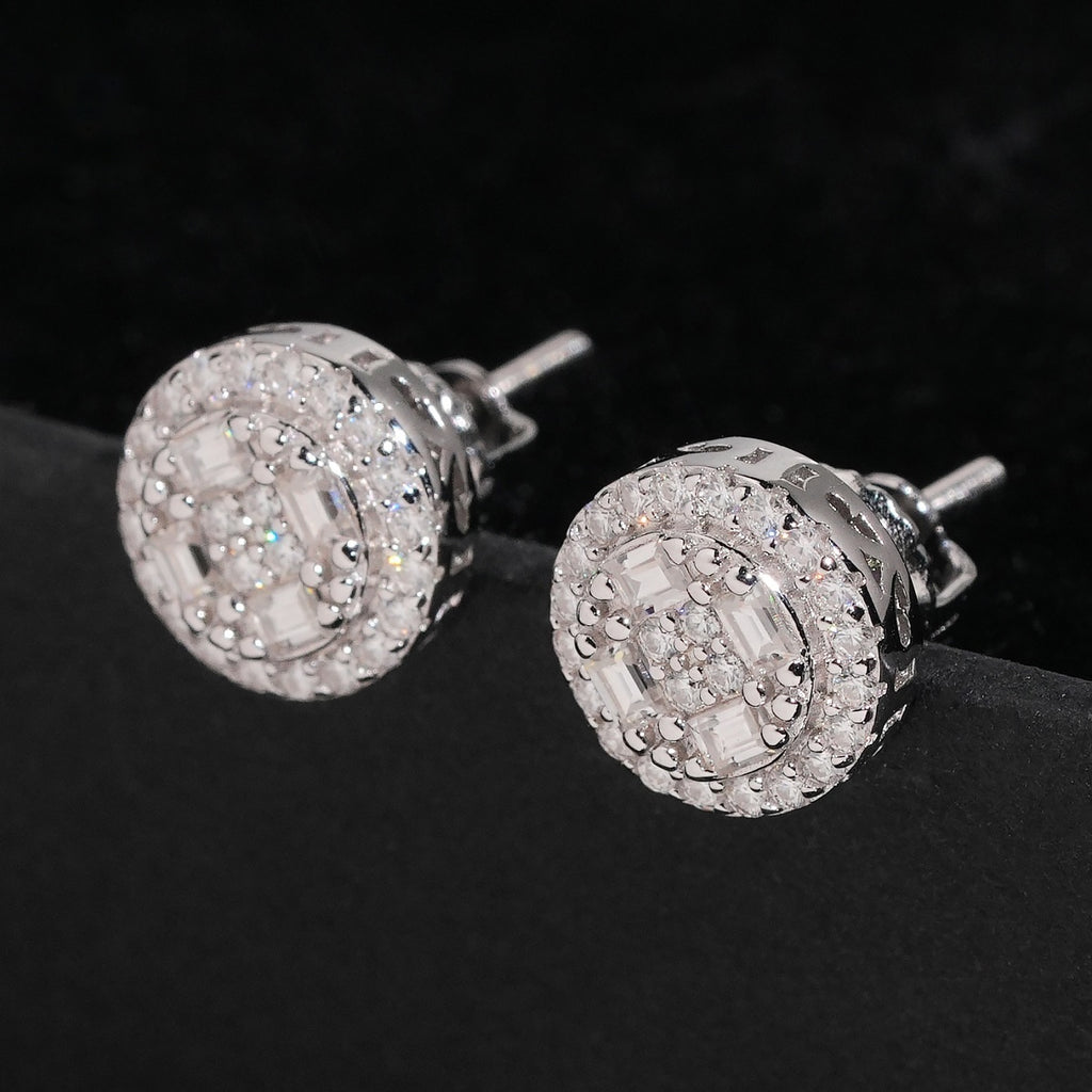 Round Baguette Halo Stud Earrings Screw Back — Moissanite, 925 Silver