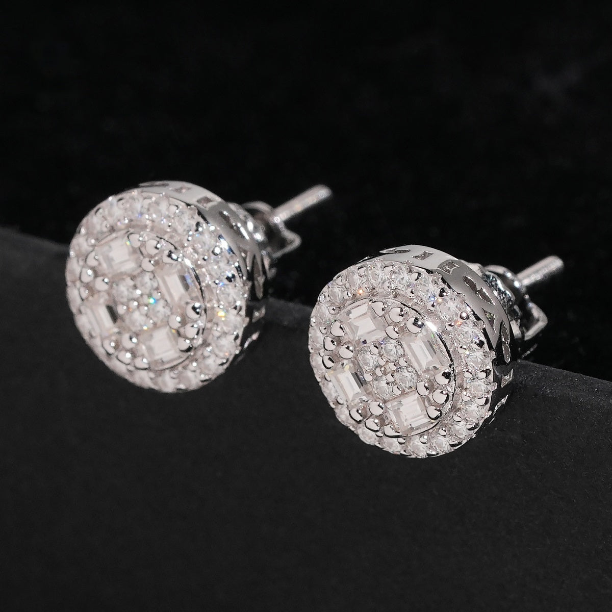 Round Baguette Halo Stud Earrings Screw Back — Moissanite, 925 Silver