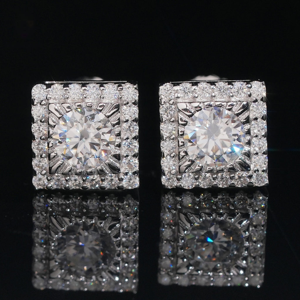 Round Center Square Halo Stud Earrings Screw Back — Moissanite, 925 Silver