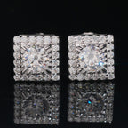 Round Center Square Halo Stud Earrings Screw Back — Moissanite, 925 Silver