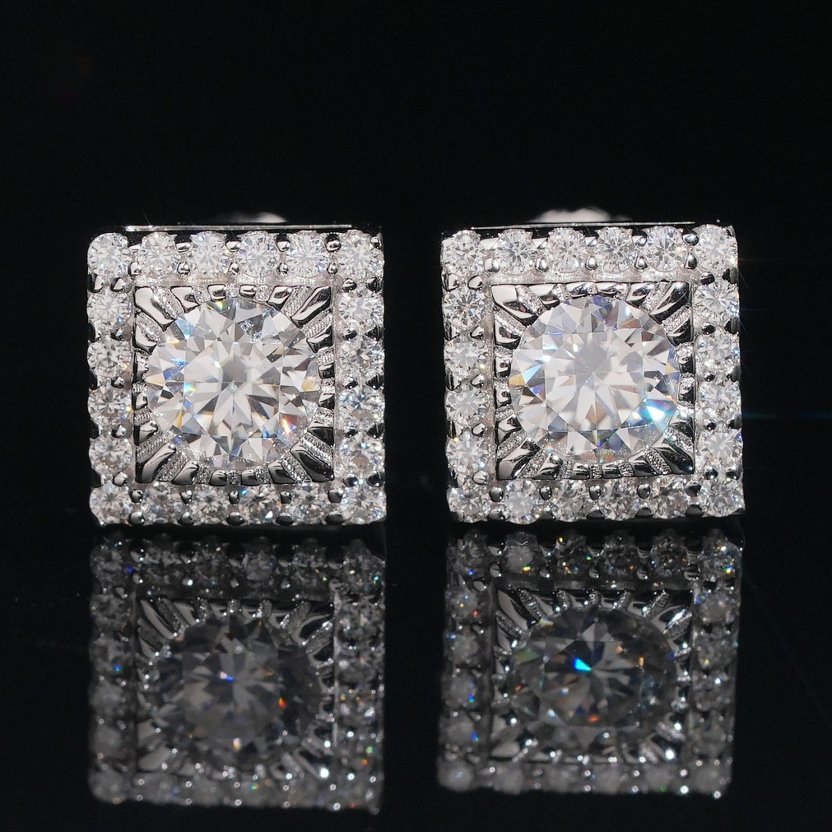 Round Center Square Halo Stud Earrings Screw Back — Moissanite, 925 Silver