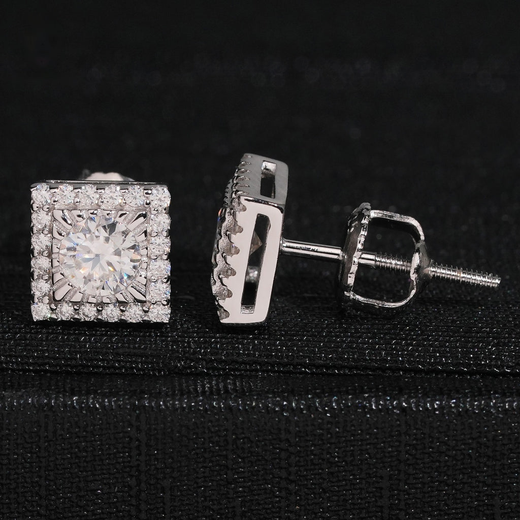 Round Center Square Halo Stud Earrings Screw Back — Moissanite, 925 Silver