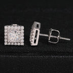 Round Center Square Halo Stud Earrings Screw Back — Moissanite, 925 Silver